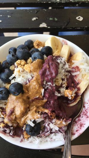 blueberry acai bowl with almond butter at Raw South Juice Co. in Miami