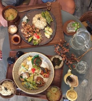 Main meals with brown rice and miso soup at Mana in Naha