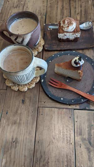 Oat/Soy chai latte - so good! Tiramisu, soy cheesecake and soy chocolate cake (last one not in the pic) were sooo delicious but small sizes at Mana in Naha