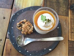 Coconut, soy, maple dessert. Served with a small oatmeal raisin cookie. at Mana in Naha