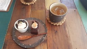 Small dessert dish; comes with menu at Mana in Naha