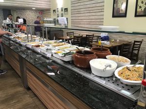 Endless hot dishes counter at Loving Hut - Jardins   in Sao Paulo