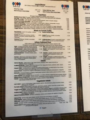 Menu as of 10/25/20 at Aqus Cafe in Petaluma