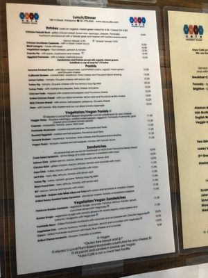 Menu as of 10/25/20 at Aqus Cafe in Petaluma