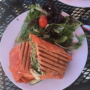 Garden Wrap - Brown Rice, organic tomatoes, cucumbers, asparagus, sprouts and roasted red peppers with homemade hummus in a tomato tortilla. at Aqus Cafe in Petaluma