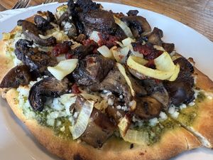 Veggie flatbread pizza off the vegan menu   at Aqus Cafe in Petaluma