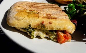 Caprese Panini - Organic tomatoes & Miyoko's Creamery Mozzarella (Vegan) at Aqus Cafe in Petaluma