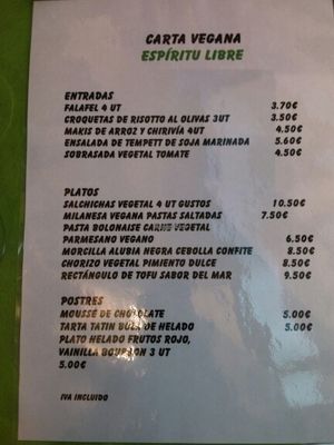 Menu at Espiritu Libre in Valencia