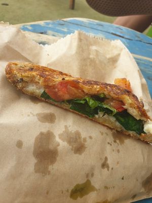 Vegan mozzarella, tomato, spinach and basil toastie at HAH Lorne Beach in Lorne