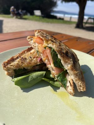 vegan mozzarella, tomato, basil, spinach  at HAH Lorne Beach in Lorne