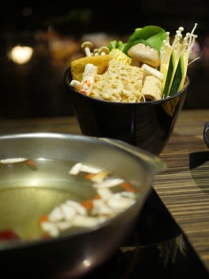 Hot pot (directly integrated in table) with veggies. at Alishan Gourmet Restaurant in Alishan