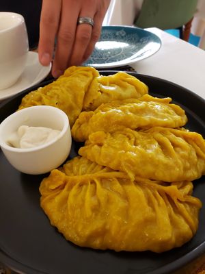 Vegan mante with soy mince at Veggie House in Astana