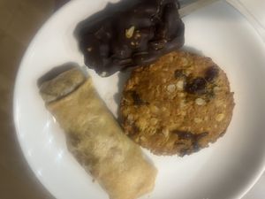Apple pie roll, Snickers on a stick and oatmeal/raisin cookie  at Veggie House in Astana