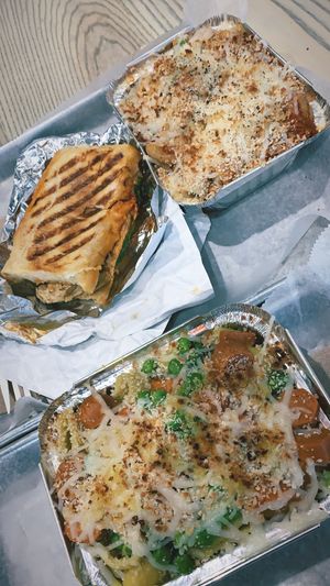 The “build your own” vegan mac with vegan hot dogs and peas along with the vegan mushroom ragu and veg rehoboth panini.  at Grandpa Mac - Coastal Hwy in Rehoboth Beach