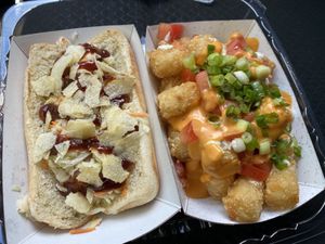 bbq hot dog + loaded tots at Curia on the Drag Food Truck in Gainesville