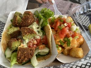 falafel salad on roti + loaded tots at Curia on the Drag Food Truck in Gainesville