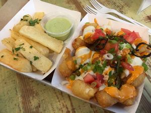 yucca and loaded tater tots at Curia on the Drag Food Truck in Gainesville