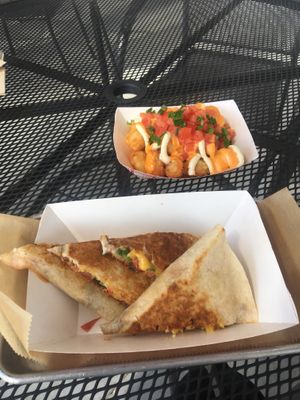 jackfruit quesadilla with tater tots! Yum at Curia on the Drag Food Truck in Gainesville