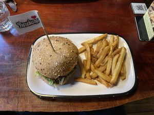 My Sunshine burger with fries.  at Bareburger - Hell's Kitchen in New York City