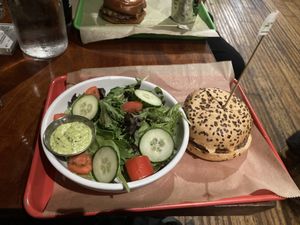 Impossible burger 🍔, keto bun, and salad  at Bareburger - Hell's Kitchen in New York City