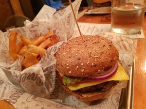 The impossible burger and a side of fries at Bareburger - Hell's Kitchen in New York City