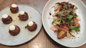 Cauliflower tots left. Sweet potato with chili right. at PLANTA - Yorkville in Toronto