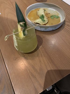 Edamame dumplings YUM and herb your enthusiasm cocktail also YUM  at PLANTA - Yorkville in Toronto