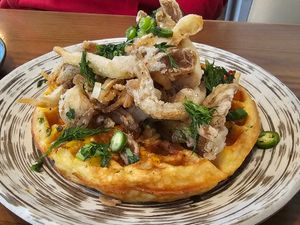 vegan chicken and waffle at PLANTA - Yorkville in Toronto