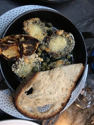 Among the “small dishes”: delicious stuffed mushrooms. at PLANTA - Yorkville in Toronto