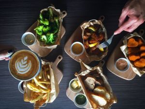 Various Vegetarian Snack ranging from fresh broccoli, truffle fries, french & german bread, and veggie nugget.  at Vburg Cafe in Skudai