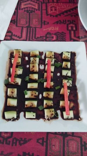 Oriental Cucumber salad.
Japanese influence scallions, ginger, sesame and soy sauce at El Virrey Kucina Peruana in Panama City