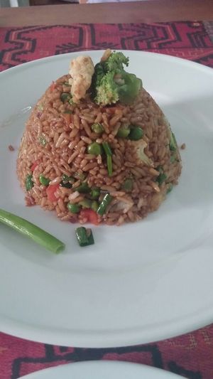 Chaufa. Vegetarian Rice with small vegetable, (I asked for no eggs, but the original recipe does have it), onion and Chinese soybean at El Virrey Kucina Peruana in Panama City