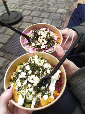 Vegan Fish Bowl and Rainbow Bowl with Vegan Chicken Teriyaki at Superfood Deli - Mariahilfer in Vienna
