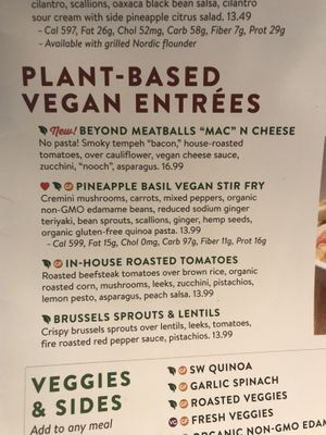 Listing of a few of the vegan options available! Everything is well labeled   at Silver Diner in Frederick