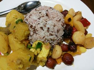 Potatoes, raddish, tofu, jujubes, water chestnuts, ginko biloba, peppers, rice. at Ton-Phon - Robinson Asoke in Bangkok