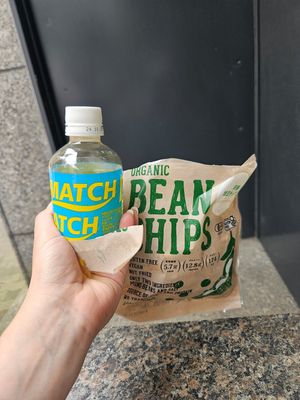 Protein low calorie mung bean chips with sparkling lemonade. at Musubi Garden in Osaka