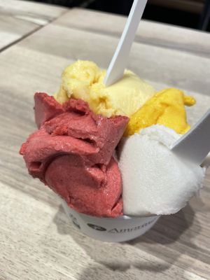 Raspberry, mango, banana and passion sorbets  at Amorino - Santa Catarina in Porto