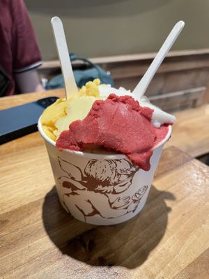 Sharer portion. Sorbet flavours: Raspberry, pineapple, passion fruit, lemonn  at Amorino - Catedral in Sevilla