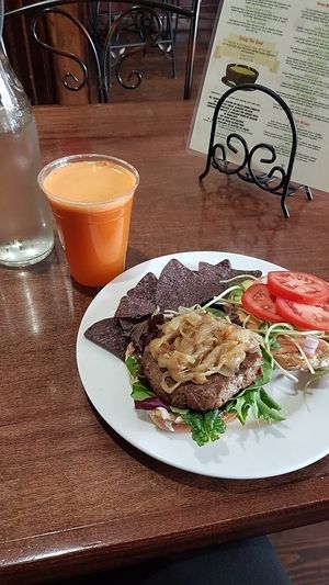 California dreamin' burger and flu fighter juice at Subia's Organic Cafe and Market in Jersey City