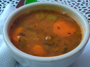 Cup of lentil soup at Subia's Organic Cafe and Market in Jersey City