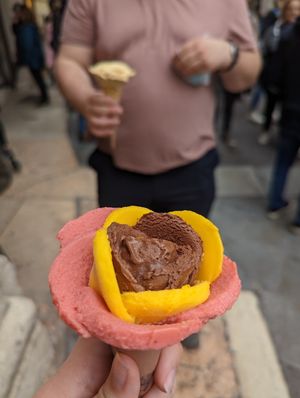 Chocolate, mango and strawberry sorbet at Amorino in Verona