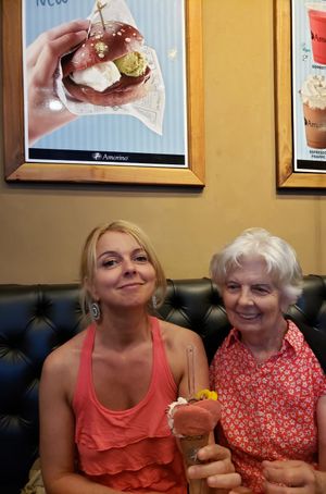 cute seating area with my (happy!) omni aunt and mama at Amorino - Charing Cross in London