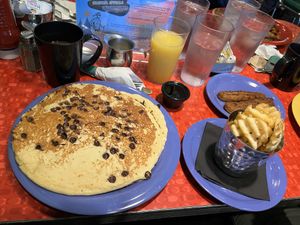 Chocolate chip pancakes, vegan sausage and waffle fries  #Veganuary at The Friendly Toast in Boston