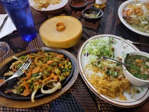 Veggie (frozen?) fajitas, rice, and cup of beans at El Tapatio in Page