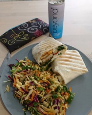 Delicious vegan veggie wrap and salad.  at Wombat Cafe & Store in Dromana