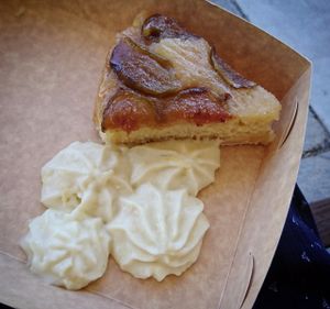 Delicious lemon,  semolina and fig cake with lemon cream.   at Wombat Cafe & Store in Dromana