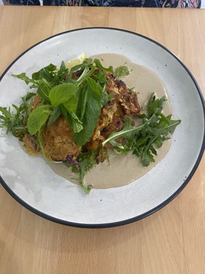 Rainbow veggie fritters & tahini   at Wombat Cafe & Store in Dromana