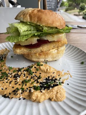 Snitzy burger w pineapple & beetroot Yumbo   at Wombat Cafe & Store in Dromana