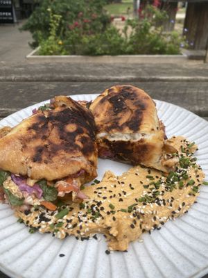 Not Chicken Roll with 100% not chircken, slaw, spinach, relish and a smear of chipotle Mayo    at Wombat Cafe & Store in Dromana