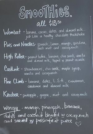 Smoothie board - April 2024  at Wombat Cafe & Store in Dromana